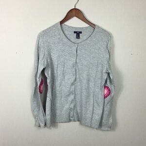 Gap silver Grey crewneck cardigan with handmade heart elbow patches Size Large